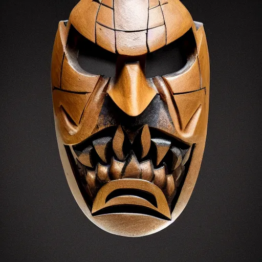 Prompt: symmetrical product photograph of a highly detailed ominous samurai mask made from fragmented bone and obsidian, angry