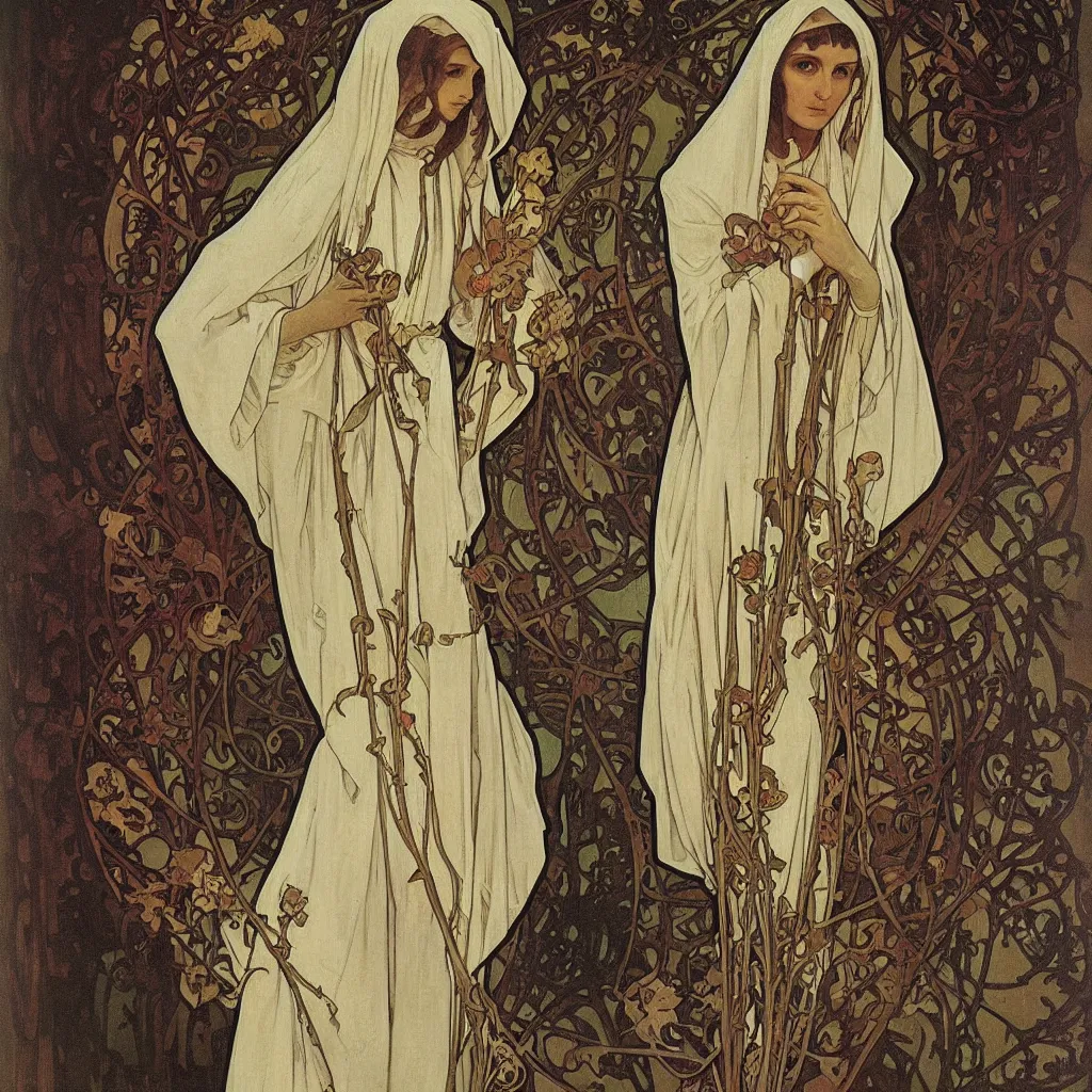 Prompt: A beautiful portrait of a skeleton nun in Romantic style by Alphonse Mucha,oil on canvas