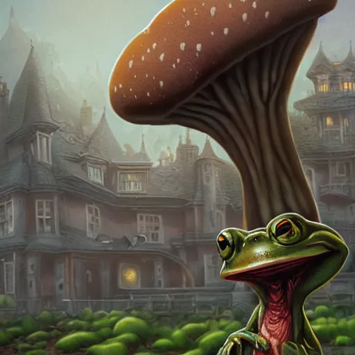 Image similar to A portrait of a scary godlike anthropomorphic frog smoking a cigarette , mansion made of mushrooms in background . award winning. superb resolution. in the art style of junji Ito and greg rutkowski . Detailed Mushroom city in background. Hyper realistic anime. Perfect art. Dalle2