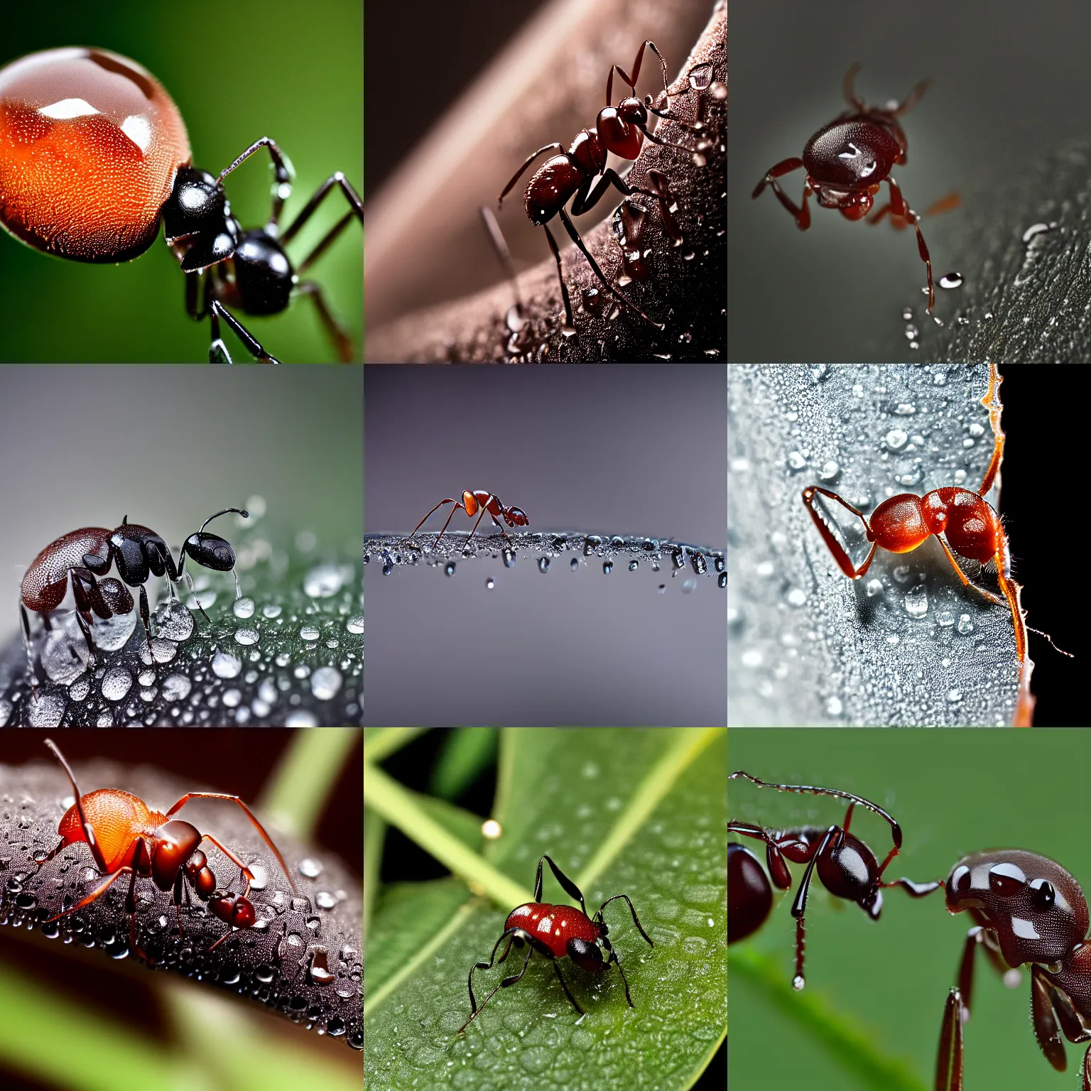 Prompt: Macro photography of ant drinking water drop, highly detailed