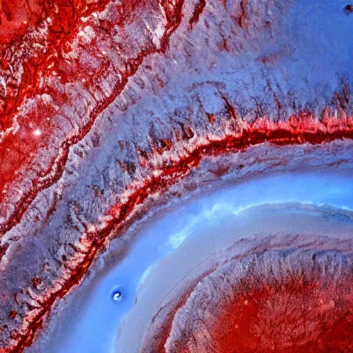 Image similar to a picture of planet earth with red lava rivers all over the surface, circular planet, taken from orbit, dark blue planet, red narrow lava rivers, astronomical imaging