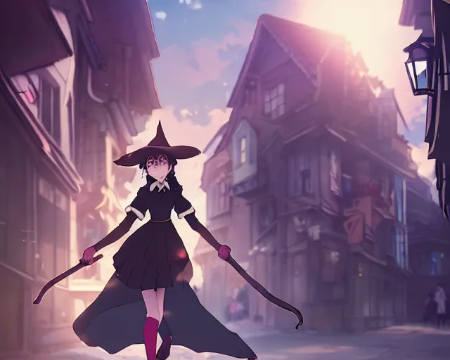 Prompt: key anime visual portrait of a young female witch walking through a busy village, dynamic pose, dynamic perspective, cinematic, dramatic lighting, muted colors, detailed silhouette, textured, finely detailed eyes, anime proportions, little witch academia