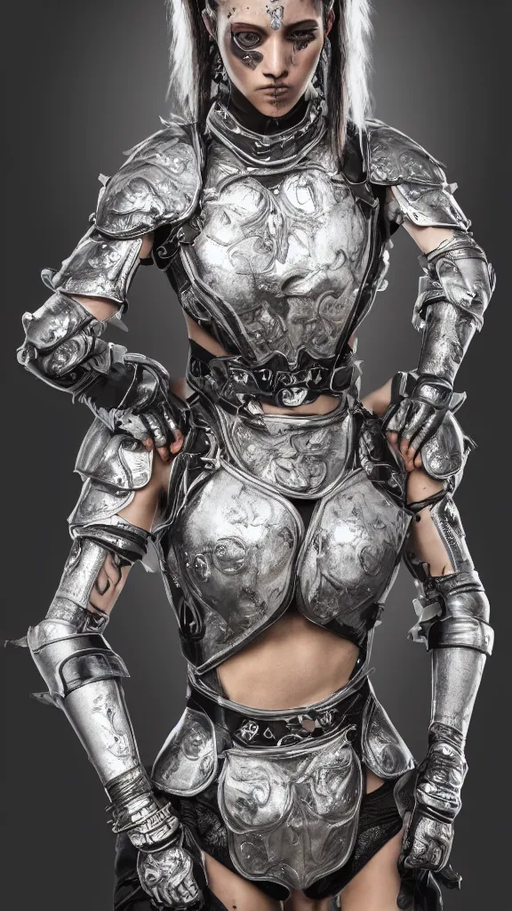 Image similar to exotic female athletic warrior wearing silver ornate detailed armour, transparent plastic clothing, dirt and sweat on body, elegant face, smudged running makeup, haute couture, regal, straps belts and harnesses, urban style, unreal engine, bloom, cinematic camera,