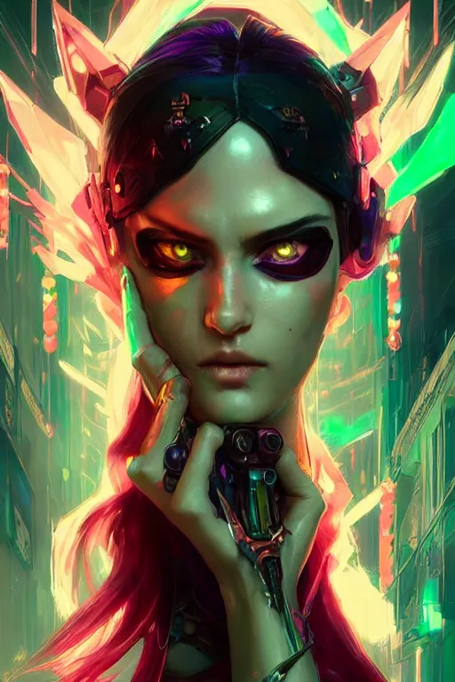 Image similar to morgana from league of legends, cyberpunk futuristic neon. decorated with traditional japanese ornaments by ismail inceoglu dragan bibin hans thoma greg rutkowski alexandros pyromallis nekro rene maritte illustrated, perfect face, fine details, realistic shaded, fine - face, pretty face, masterpiece