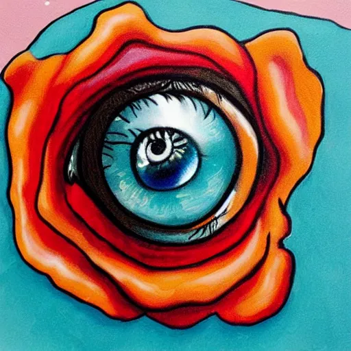 Prompt: a realistic shiny human eyeball in the middle of a dripping painted rose with a teal and black and blue and tan color scheme