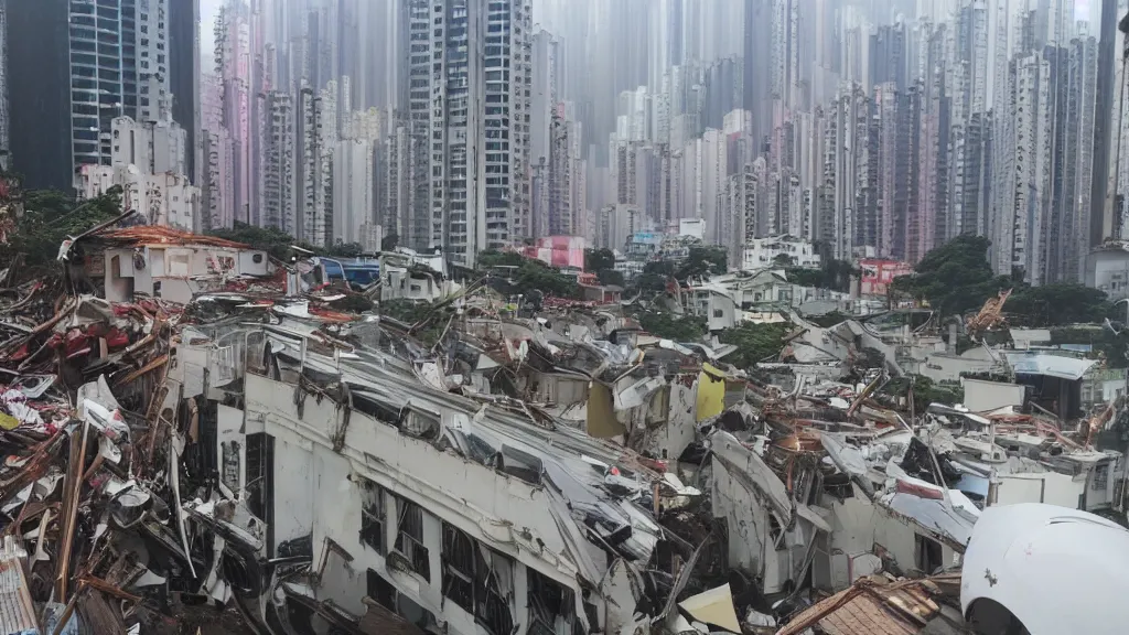 Image similar to a tornado ripping through the city of hong kong