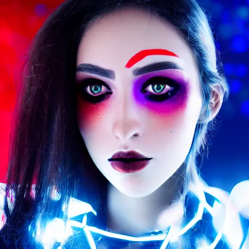 Image similar to A close-up of a beautiful girl with a surreal makeup reminding the swiss flag, octane render, bokeh, cyberpunk vibes, neons on the background