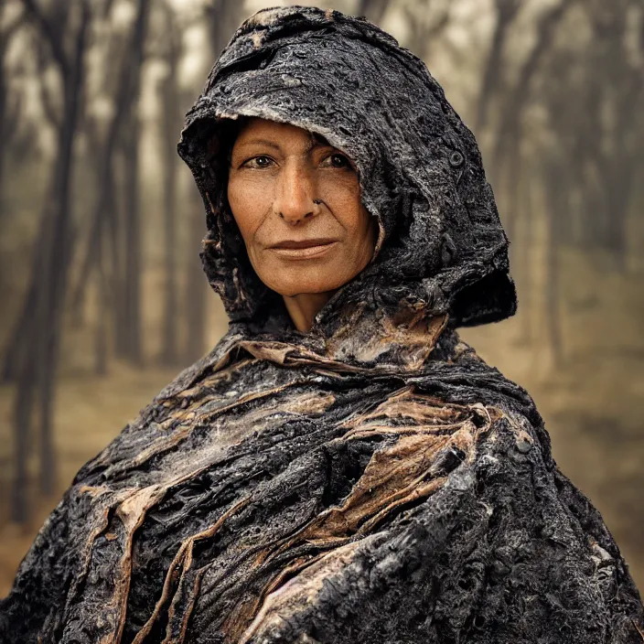 Prompt: closeup portrait of a woman wearing a cloak made of scrap metal in a charred, burnt forest, by Annie Leibovitz and Steve McCurry, natural light, detailed face, CANON Eos C300, ƒ1.8, 35mm, 8K, medium-format print