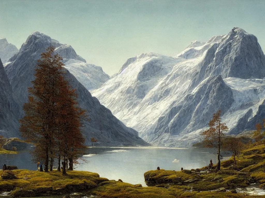 Prompt: a detailed painting of a majestic mountainous landscape in norway in spring by caspar david friedrich, high detail, snow capped mountains reflecting on a lake,