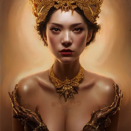 Prompt: expressive oil painting, of alluring european princess, seductive look, smirking, smooth glowing skin, glistening body, love, adoration, sweat, tattoos, ornate headpiece made of beads, glamour shot, by yoshitaka amano, by greg rutkowski, by jeremyg lipkinng, by artgerm, digital art, octane render, dystopian aesthetic