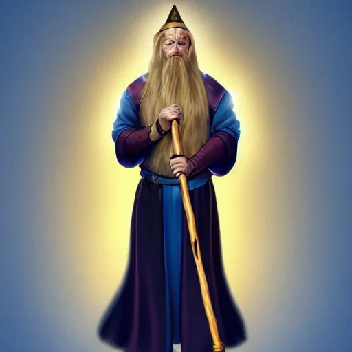 Prompt: A young well kept shaved wizard with a blonde ponytail in a navy blue robe with gold accents, he holds a staff of light with a bright crystal, medieval fantasy, digital art, trending on artstation