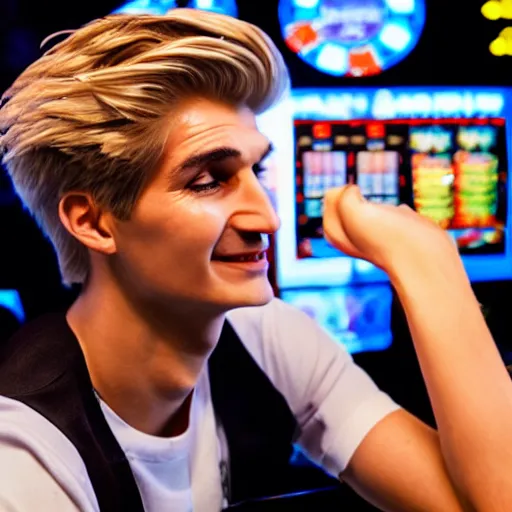 Image similar to closeup of handsome gigachad XQC gambling