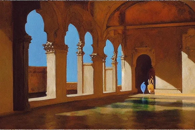 Prompt: painting of the inside of the baths of lady maria de padilla at the alcazar of seville, spain, magical realism, liminal, creature, by shaun tan, by edward hopper