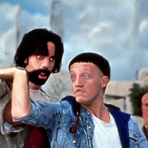 Prompt: Bill and Ted kill Hitler, still from movie, 1997, detailed, 4k