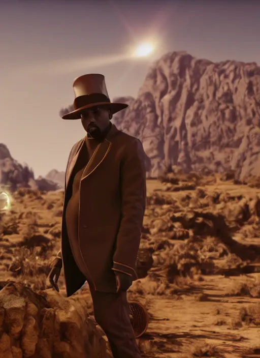 Image similar to Kanye West as willy wonka in fallout new vegas, splash art, movie still, cinematic lighting, dramatic, octane render, long lens, shallow depth of field, bokeh, anamorphic lens flare, 8k, hyper detailed, 35mm film grain