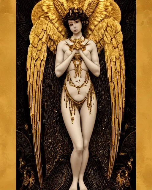 Image similar to concept art, angel woman, beautiful, frank frazetta, ornate, art nouveau, symmetrical, gold jewelry, high contrast, unbiased render, Emil melmoth, eerie, haunting, victorian, 8k, octane render, style of Gustav Klimt, head and shoulders