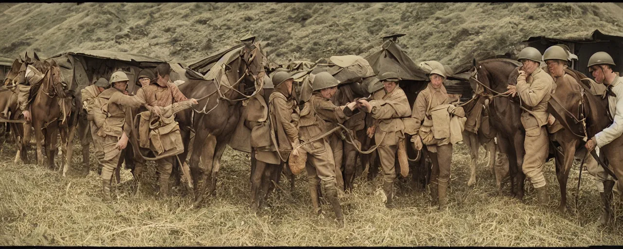 Prompt: soldiers feeding horses spaghetti meal, world war 1, canon 5 0 mm, kodachrome, in the style of wes anderson, retro