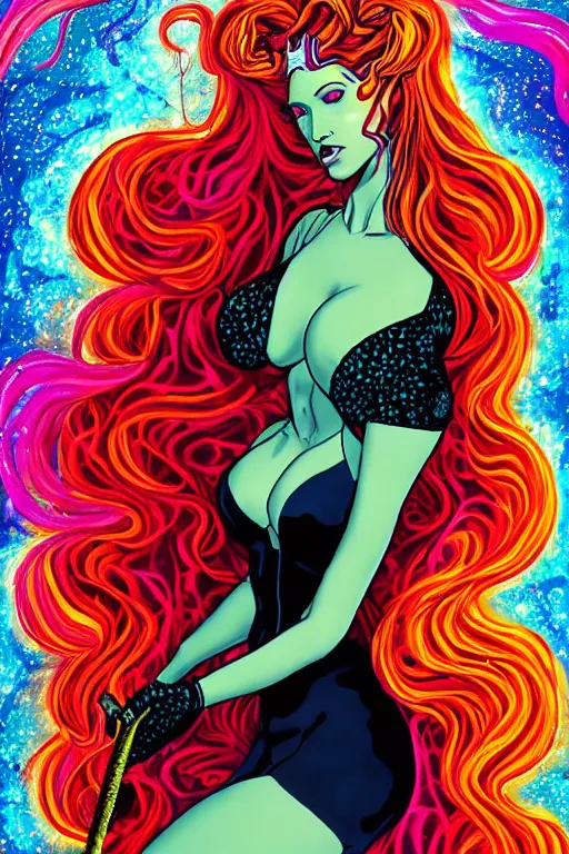 Prompt: a psychedelic detailed gorgeous acid trip painting of an extremely attractive superhero female character wearing a tight-fitting tan detective jacket, detective had on her head, beautiful [[[long red hair]]] in loose curls, slender woman, very curvy, noir, smoking a fancy long french cigarette, in the rain in the early evening, cinematic, dramatic lighting, full body view, cool pose, artwork by Artgerm and colors by Kenneth Rocafort, featured on artstation, cgsociety, behance hd