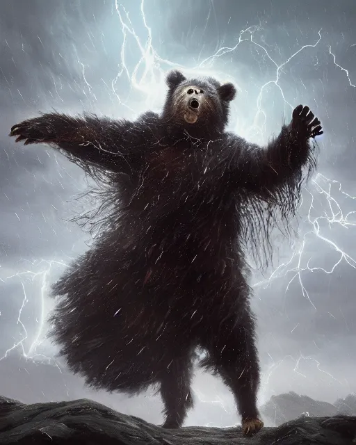 Prompt: oil painting of Anthropomorphized Bear Shaman casting spell, magical runes flying, wearing fur cloak, sharp focus, lightning storm background, magical aura, evil, heroic pose, fantasy style, octane render, volumetric lighting, 8k high definition, by greg rutkowski, highly detailed, trending on art Station, magic the gathering artwork, Thunderstorm background, centered, dramatic artwork