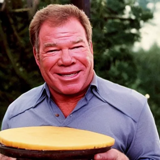 Image similar to william shatner eating a large wheel of cheese,