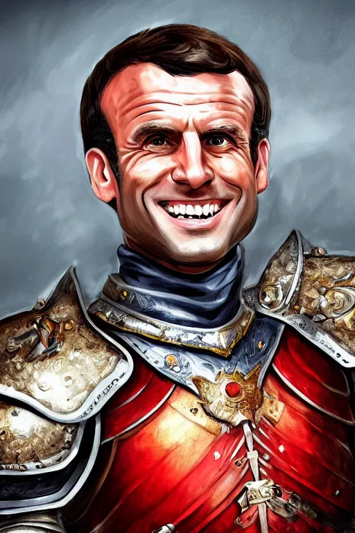 Image similar to emmanuel macron smiling while wearing armour, highly detailed, digital art, sharp focus, trending on art station