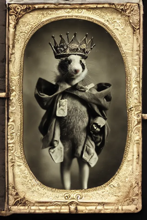 Prompt: a wet plate photo of an anthropomorphic ferret king, wearing a crown, wearing a robe