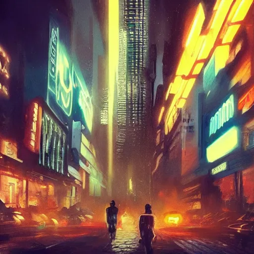 Prompt: some kind of blade runner city with some cool hero