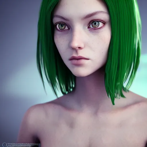 Image similar to girl portrait. red hair, green eyes. intricate artwork. octane render, trending on artstation, very coherent symmetrical artwork. cinematic, hyper realism, high detail, octane render, 8k, matte painting, 3d