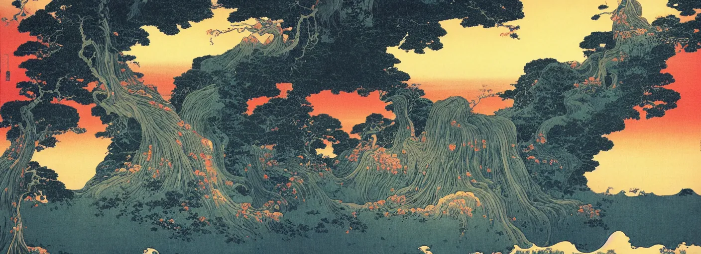 Prompt: fantasy world with an gigantic waterfall from another reality and bonsais, katsushika hokusai, beksinski, high details, colorful, sunset