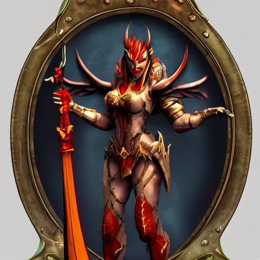 Image similar to disney's gargoyles female!! winged warrior! flaming sword! devilish smile!! ( ( plate armor ) ) ( ( ( shield ) ) ), fantasy painting, concept art, 4 k