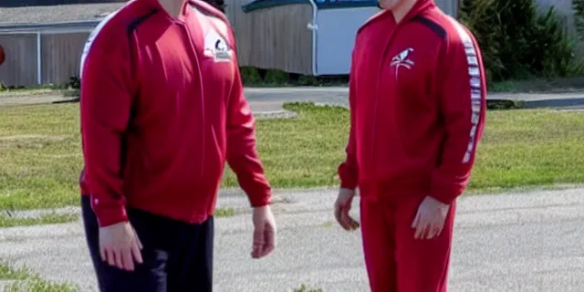 Prompt: full distant shot of bald elon musk in a tracksuit in trailer park boys