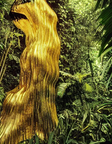 Prompt: vintage color photo of a giant 1 1 0 million years old abstract sculpture made of liquid gold covered by the jungle vines