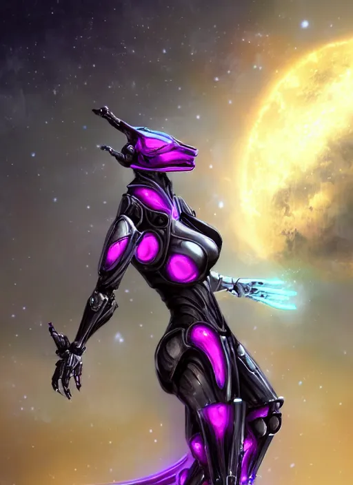 Image similar to cinematic shot, bust, cosmic sized perfectly proportioned stunning hot female warframe, robot mecha female dragon head, silver armor, fuschia leds, floating in empty space, nebula sized, holding a galaxy, epic proportions, epic size, epic scale, furry art, dragon art, giantess art, warframe fanart, furaffinity, deviantart