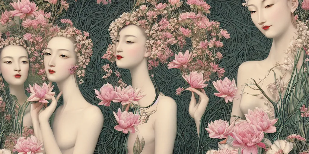 Image similar to breathtaking detailed concept art painting art deco pattern of blonde faces goddesses amalmation lotus flowers with anxious piercing eyes and blend of flowers and birds, by hsiao - ron cheng and john james audubon, bizarre compositions, exquisite detail, extremely moody lighting, 8 k