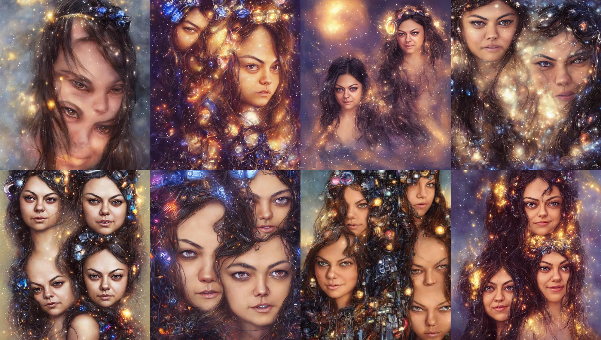 Prompt: big - eyed mila kunis winter princess smiling intensely into the camera, sundown golden hour firefly wisps, cyberpunk neon, hair clips, focal length : 2 0 0. 0 mm, steve hanks, charlie bowater, mark brooks, steve henderson, justin gerard, mark keathley, victor nizovtsev, tom bagshaw, krenz cushart, ross tran