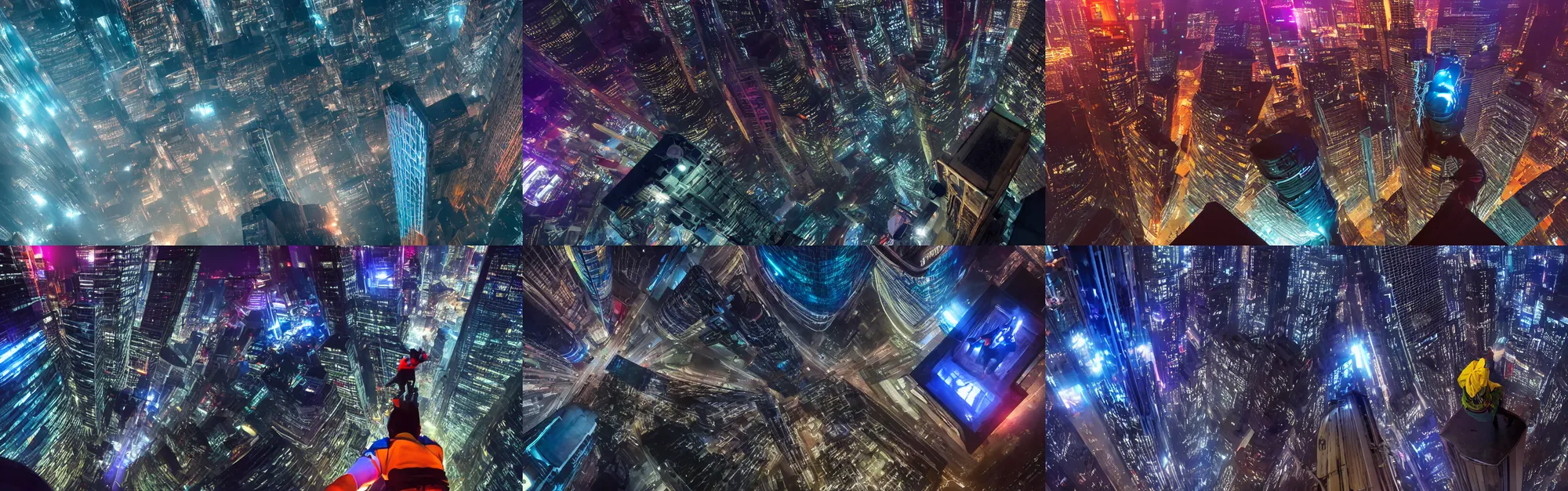 Prompt: An arial view of a man climbing a tall building rooftopping roofing, in a cybernetic sci-fi city at night, neon, led screens, haze, concept art by xuteng pan Albert Ramon Puig Masashi Imagawa straight down vertical photography wide shot Vadim Makhorov Vitaliy Raskalov 8k 4k artstationhd artstationhq artstation matte painting