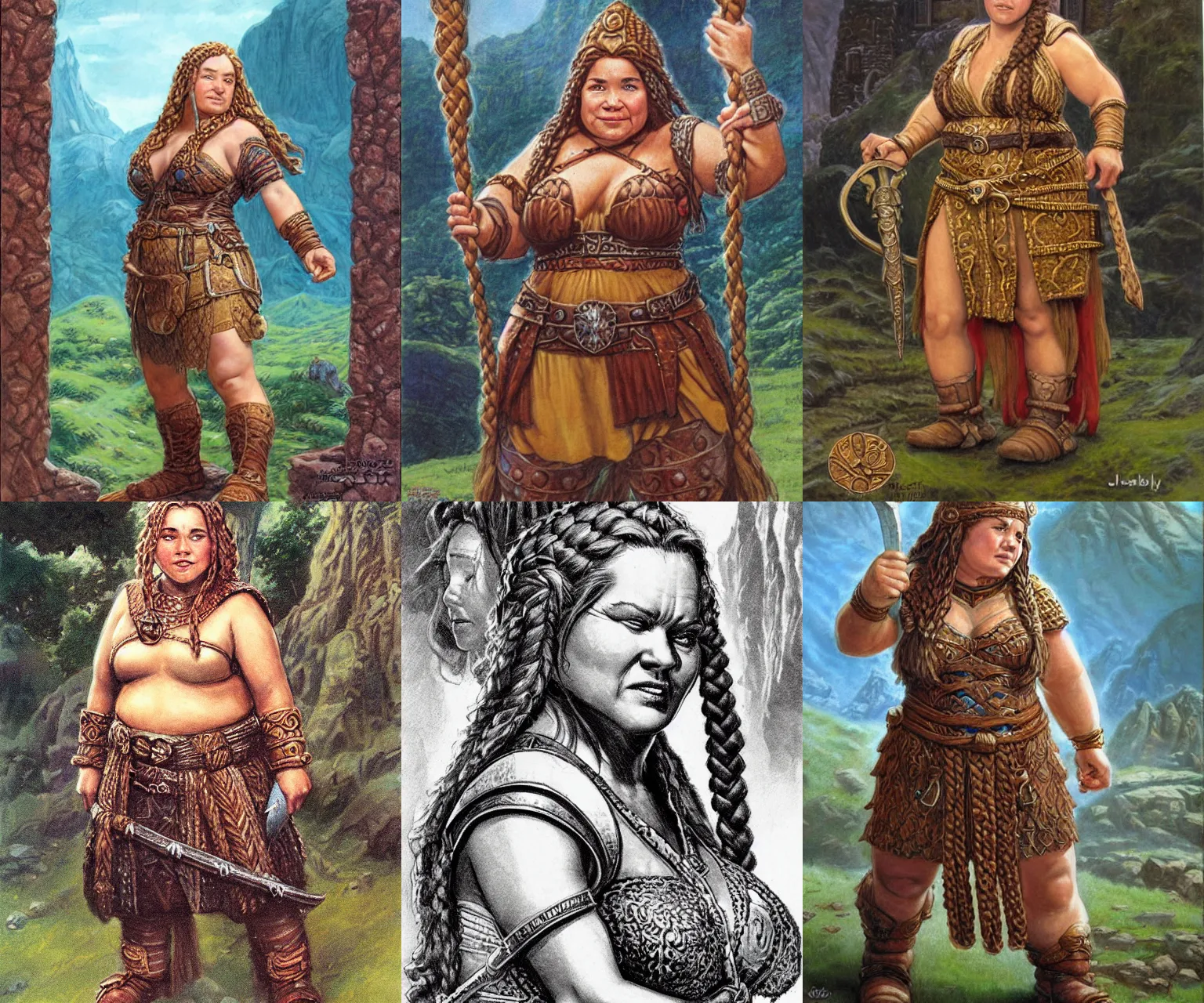Prompt: female dwarven noblewoman, chubby short stature, braided hair, by jeff easley
