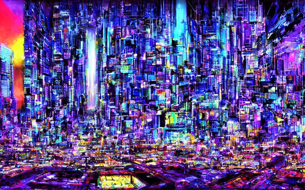 Prompt: technicolor hyperpop cyberpunk cityscape, future perfect, award winning digital art by alan bean