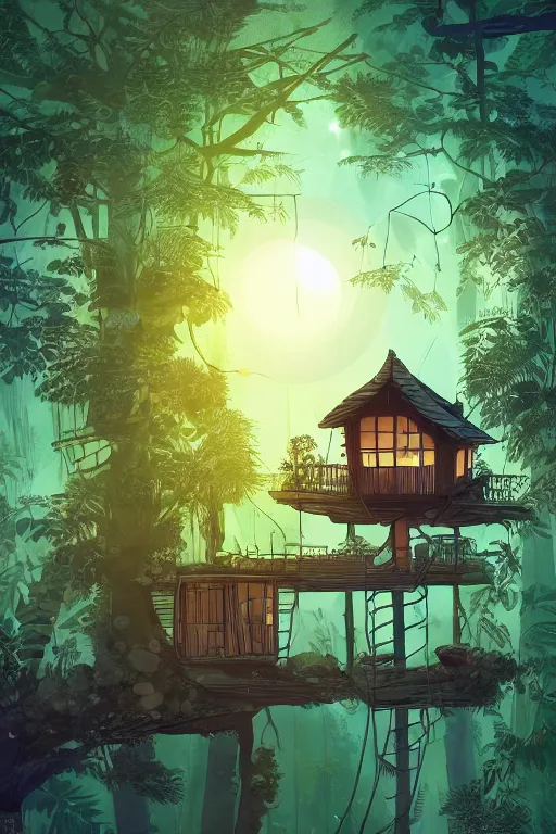 Image similar to a tree house with warm light through the window in the jungle, moonlight, night, by alba ballesta gonzalez. 4 k wallpaper, digital flat 2 d, japan animation, comic book, illustration, cinematic lighting, smooth sharp focus.