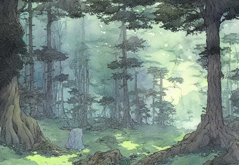 Prompt: a simple watercolor fantasy concept art of a giant dark grey cube floating in a forest clearing. by studio ghibli, rebecca guay, michael kaluta, charles vess