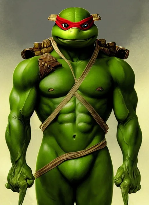 Image similar to portrait of aggressive leonardo from teenage mutant ninja turtle, d & d, muscular! turtle shell in the back!, fantasy, intricate, elegant, highly detailed, green skin!, digital painting, artstation, concept art, smooth, sharp focus, illustration, art by artgerm and greg rutkowski and alphonse mucha