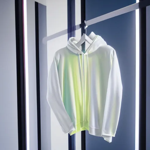 Image similar to an ultra high definition professional studio quality photograph of a transparent iridescent perspex pastel coloured hoodie on white coat hook in an empty white room. dramatic lighting, ray tracing, refraction, shallow d. o. f, colour corrected, golden ratio, three point light. volumetric shadows. god rays.