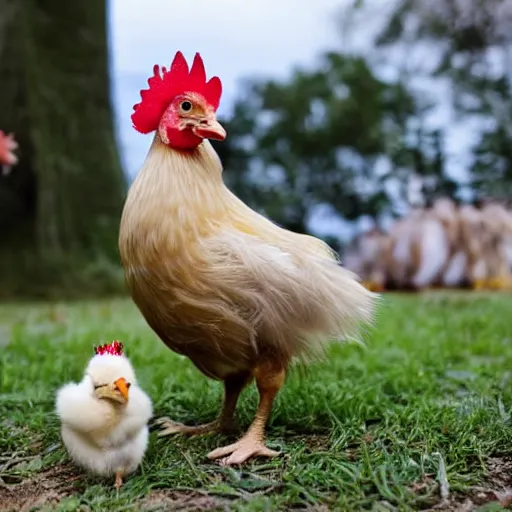 Image similar to a light yellowish downed baby chick is standing beside a rooster and a tiny birthday cake