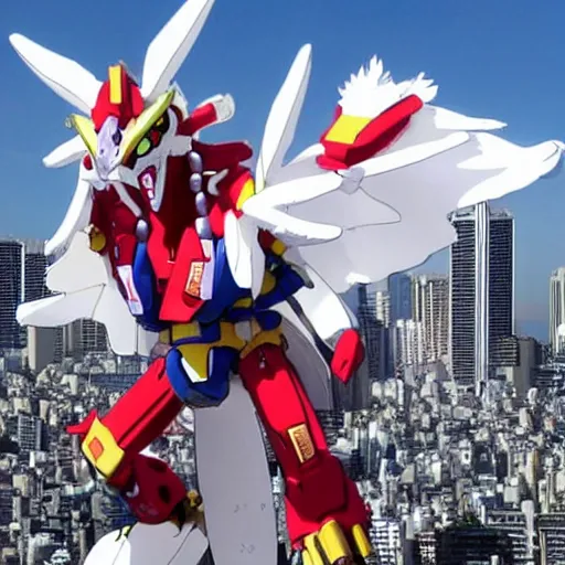 Image similar to haku dragon from spirited away with a full gundam suit flying above tokyo