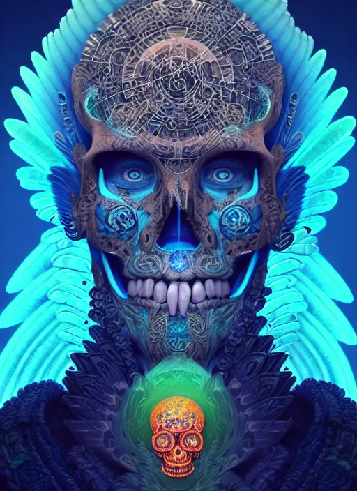 Image similar to 3 d shaman with tattoos profile portrait, sigma 5 0 0 mm f / 5. beautiful intricate highly detailed quetzalcoatl skull and feathers. bioluminescent, gradient background, plasma, frost, water, wind, creature, thunderstorm! artwork by tooth wu and wlop and beeple and greg rutkowski, 8 k trending on artstation,