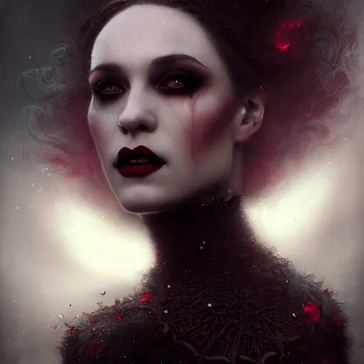 Image similar to Portrait of a Riveting vampire woman!, atmospheric-lighting, gothic makeup, intricate, Transylvanian castle, volumetric lighting, beautiful, starlit sky, sharp focus, ultra-detailed, by Tom Bagshaw Leesha Hannigan, Ross Tran, Thierry Doizon, Kai Carpenter, Ignacio Fernández Ríos