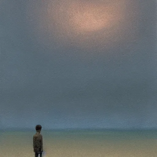 Image similar to atmospheric dreamscape painting of a boy standing on the beach on a foggy day, by moebius and john harris, atmospheric blues, concept art, saturation 40