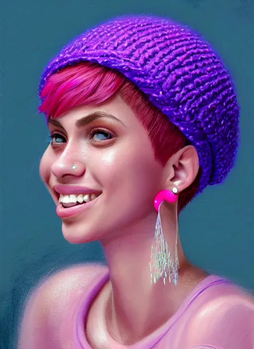 Image similar to portrait of teenage vanessa morgan with bright pink hair, vanessa morgan, curly pixie cut hair, wearing a purple breton cap, breton cap, subtle confident smile, hoop earrings, intricate, elegant, glowing lights, highly detailed, digital painting, artstation, concept art, smooth, sharp focus, illustration, art by wlop, mars ravelo and greg rutkowski