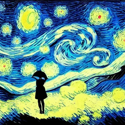 Prompt: silhouette of a flying girl with an umbrella in the style of starry nights. van gogh, cinematic composition. art station is on trend. beautiful lighting, super - detailed.