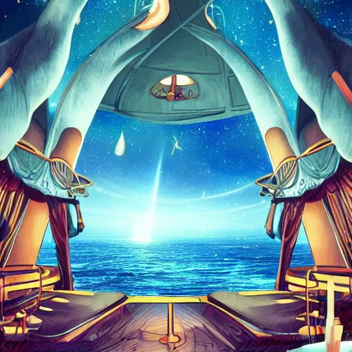 Prompt: fantasy world inside a ship sailing amongst the star